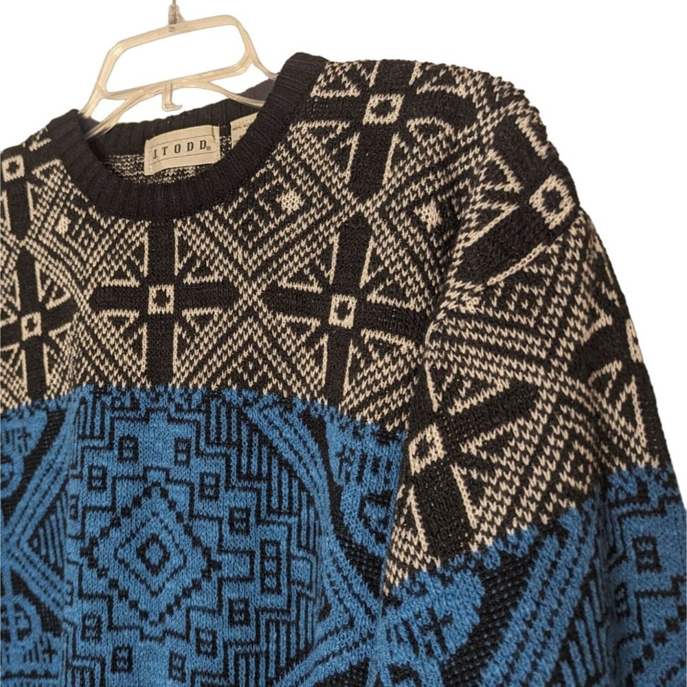 J. TODD blue black Aztec design Acrylic Geometric print Vintage Sweater‎ M - Picture 3 of 8